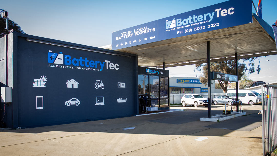 A blue shop front for Battery Tec in Swan Hill Australia.